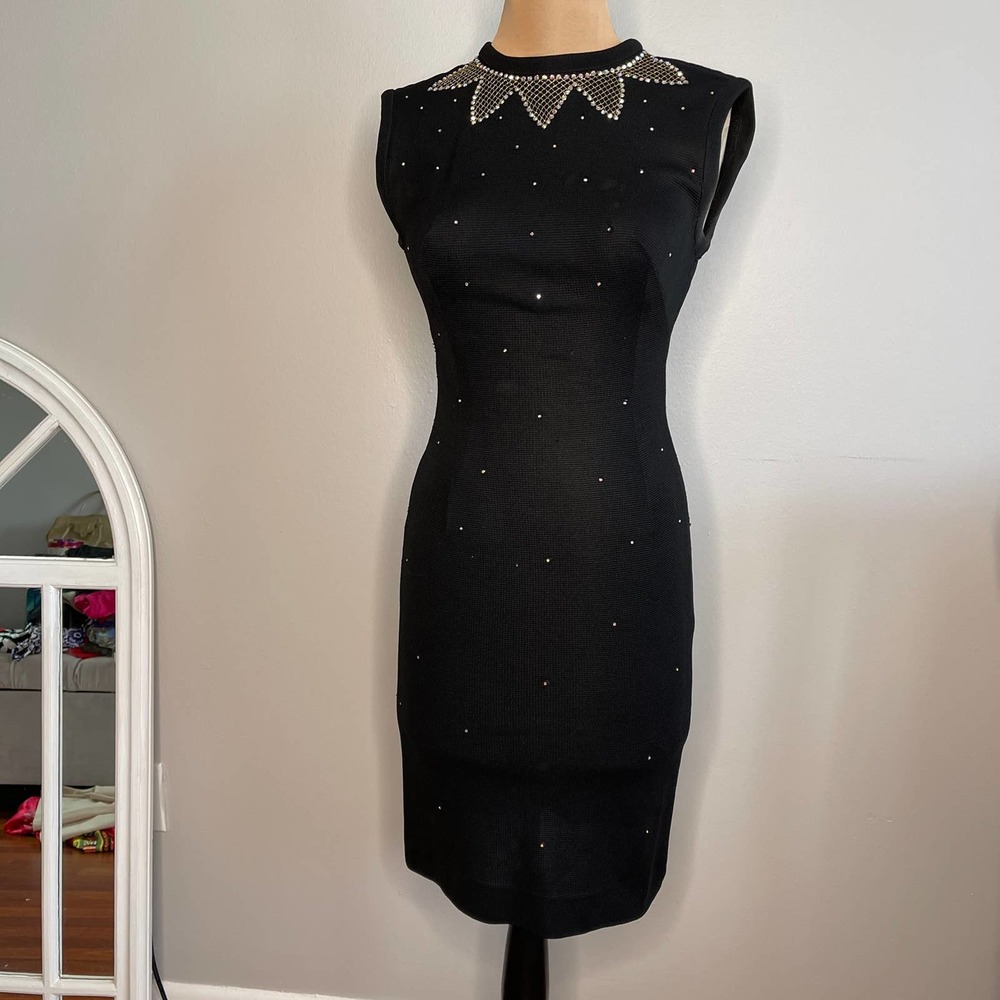 Vintage Black Stretch Dress Rhinestone Cocktail LBD Sheath Back Zip 60s Medium M